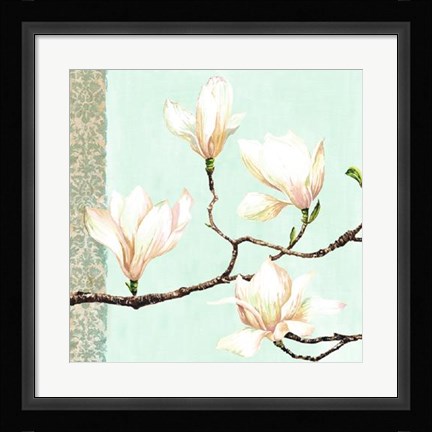 Framed Magnolias On Turquoise Print