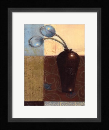 Framed Ebony Vase with Blue Tulips I Print