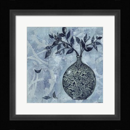 Framed Ornate Vase with Indigo Leaves I Print