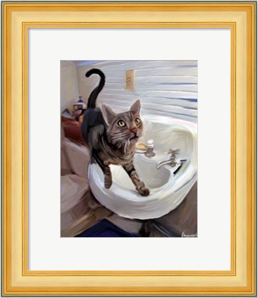 Framed Gray Tiger Cat on the Sink Print