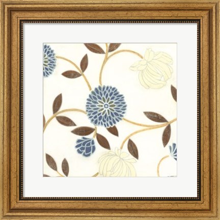 Framed Blue and Cream Flowers on Silk I Print