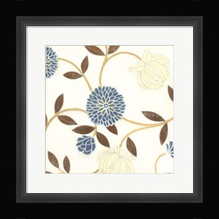 Framed Blue and Cream Flowers on Silk I Print
