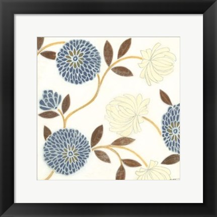 Framed Blue and Cream Flowers on Silk II Print