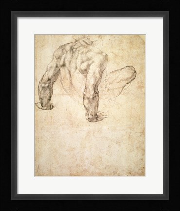 Framed W.63r Study of a male nude, leaning back on his hands Print