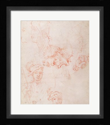 Framed Studies of heads, 1508-12d Print