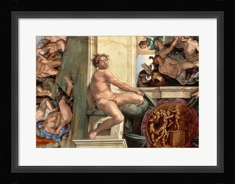 Framed Sistine Chapel Ceiling (1508-12) detail of one of the ignudi Print