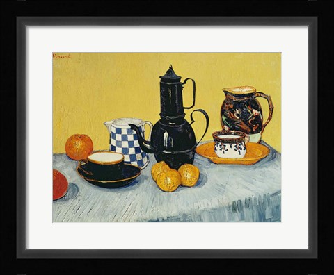 Framed Still Life with Blue Enamel Coffeepot, Earthenware and Fruit Print