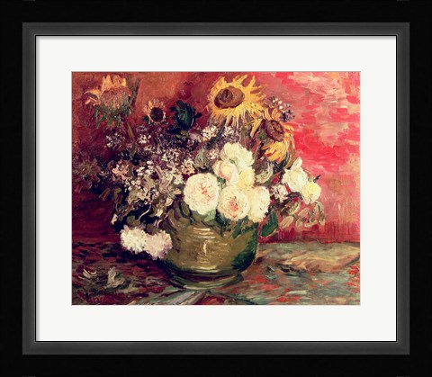 Framed Sunflowers, Roses and other Flowers in a Bowl, 1886 Print