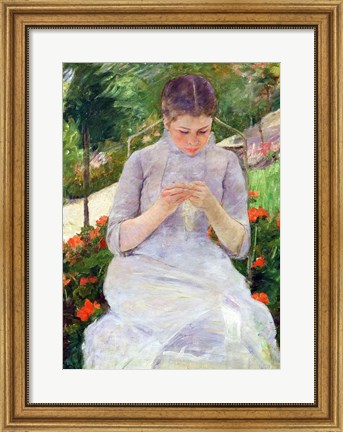 Framed Young Woman Sewing in the garden Print