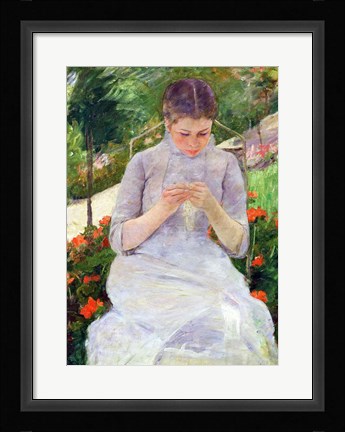 Framed Young Woman Sewing in the garden Print