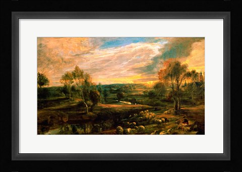 Framed Landscape with a Shepherd and his Flock Print