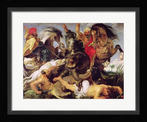 Framed Hippopotamus and Crocodile Hunt Print