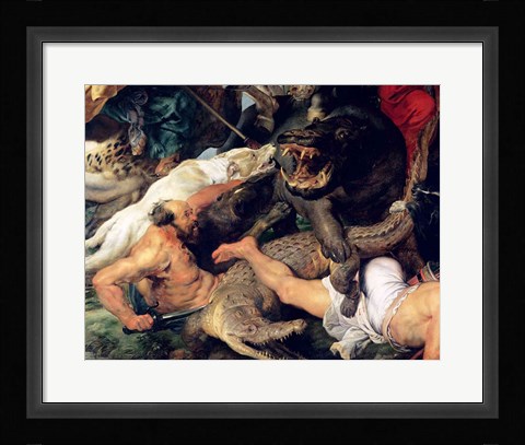 Framed Hippopotamus and Crocodile Hunt - up close Print