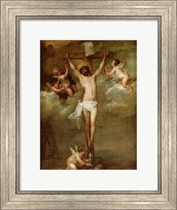 Framed Christ attended by angels holding chalices Print