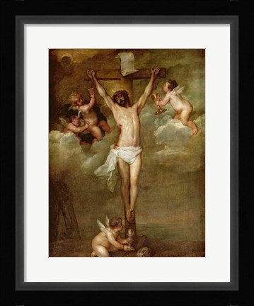 Framed Christ attended by angels holding chalices Print