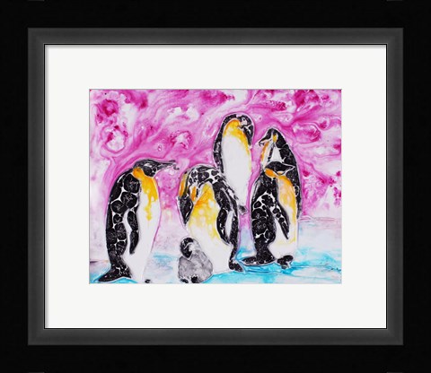 Framed Penguins Under Magenta Sky Print