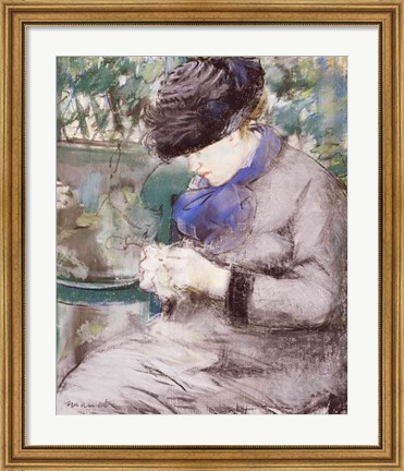 Framed Girl Sitting in the Garden Knitting, 1879 Print