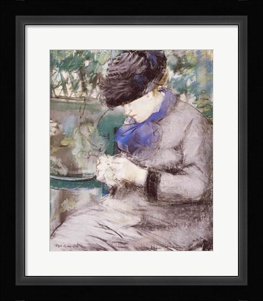 Framed Girl Sitting in the Garden Knitting, 1879 Print