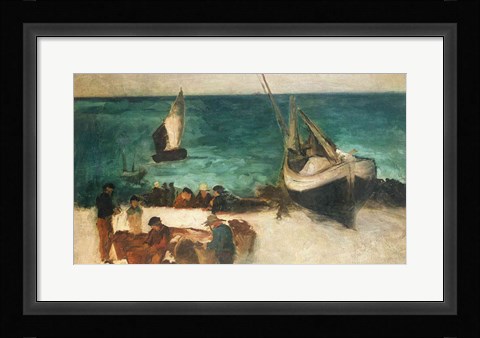Framed Seascape at Berck, Fishing Boats and Fishermen, 1872-73 Print