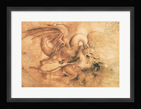 Framed Fight between a Dragon and a Lion Print