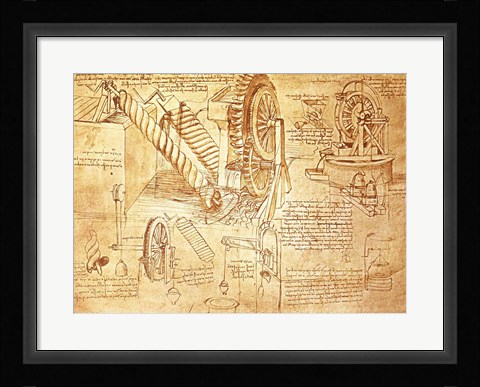 Framed Facsimile of Codex  Atlanticus Screws and Water Wheels Print