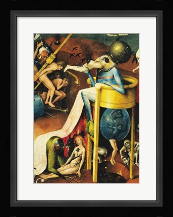 Framed Garden of Earthly Delights: Hell, right wing of triptych, detail of blue bird-man on a stool, c.1500 Print