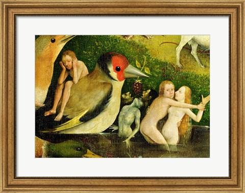 Framed Garden of Earthly Delights: Allegory of Luxury, central panel of triptych, detail of couple in the water and a bird, c.1500 Print