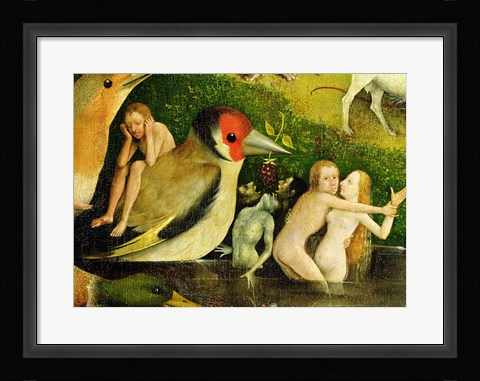 Framed Garden of Earthly Delights: Allegory of Luxury, central panel of triptych, detail of couple in the water and a bird, c.1500 Print