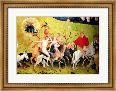 Framed Garden of Earthly Delights: Allegory of Luxury, detail of figures riding fantastical horses Print
