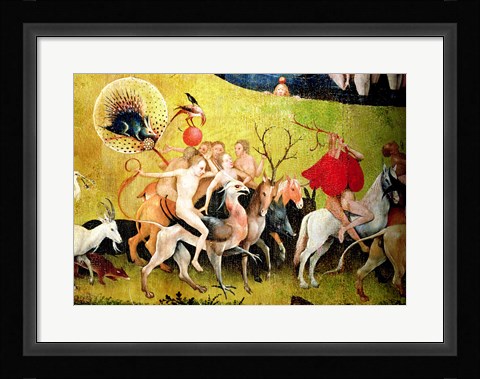 Framed Garden of Earthly Delights: Allegory of Luxury, detail of figures riding fantastical horses Print