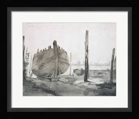 Framed River Scene with Vessel at Sunset Print