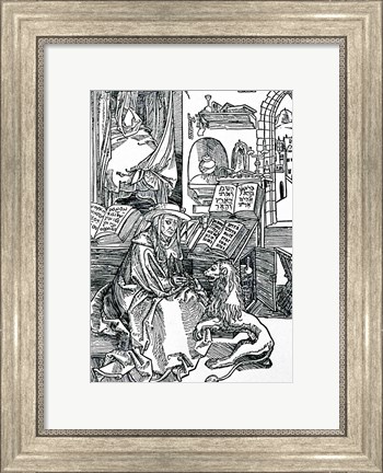 Framed St. Jerome in his study pulling a thorn from a lion&#39;s paw Print
