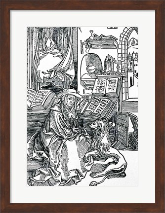 Framed St. Jerome in his study pulling a thorn from a lion&#39;s paw Print