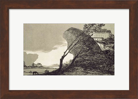 Framed Landscape with Large Rocks, Buildings and Trees Print