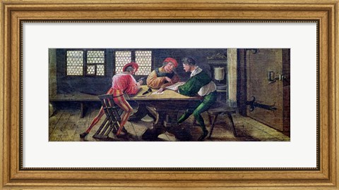 Framed School Teacher Explaining the Meaning of a Letter to Illiterate Workers, 1516 Print