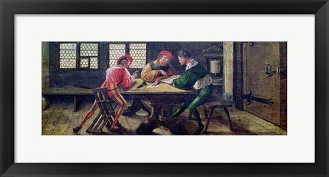 Framed School Teacher Explaining the Meaning of a Letter to Illiterate Workers, 1516 Print