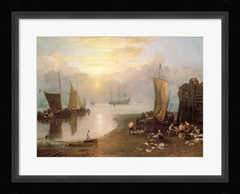Framed Sun Rising Through Vapour: Fishermen Cleaning and Selling Fish, c.1807 Print