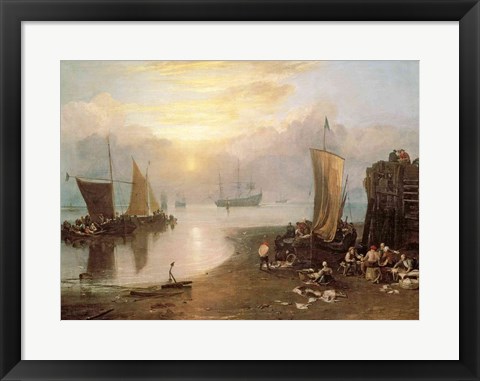 Framed Sun Rising Through Vapour: Fishermen Cleaning and Selling Fish, c.1807 Print