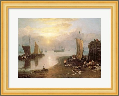 Framed Sun Rising Through Vapour: Fishermen Cleaning and Selling Fish, c.1807 Print