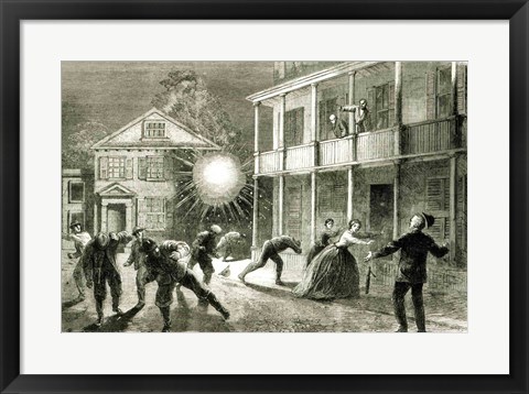 Framed Federals shelling the City of Charleston: Shell bursting in the streets in 1863 Print