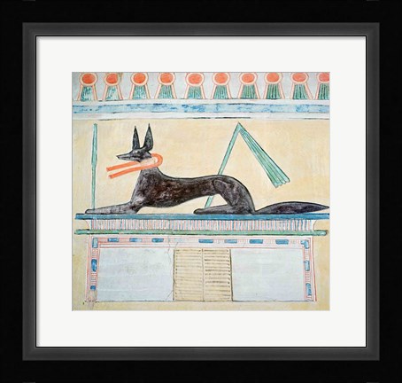 Framed Anubis, Egyptian god of the dead, lying on top of a sarcophagus Print