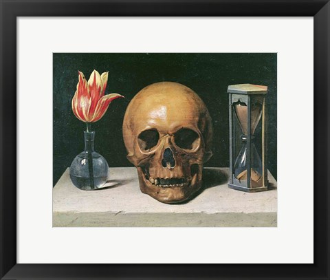 Framed Vanitas Still Life with a Tulip, Skull and Hour-Glass Print