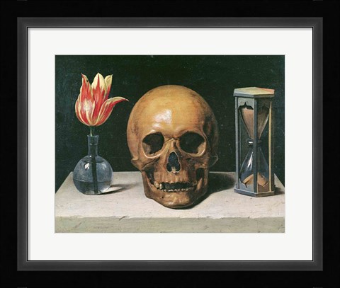 Framed Vanitas Still Life with a Tulip, Skull and Hour-Glass Print