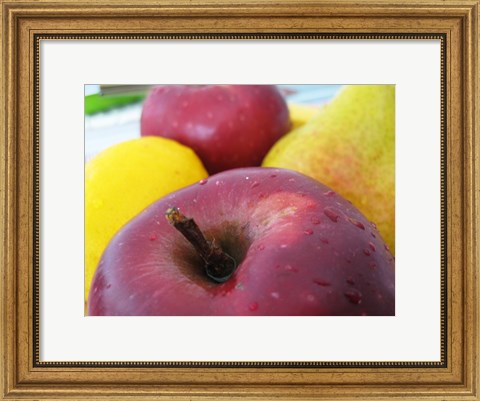 Framed Closeup of an Apple, Lemon and Pear Print