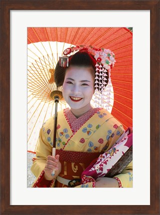 Framed Young Geisha with Umbrella Print