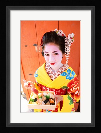 Framed Geishadressed in a kimono, Kyoto, Honshu, Japan Print