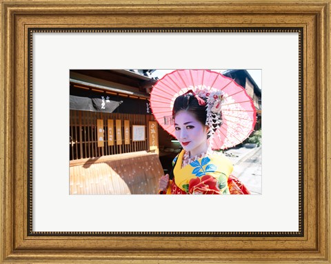 Framed Geishadressed in a kimono, Kyoto, Honshu, Japan Print