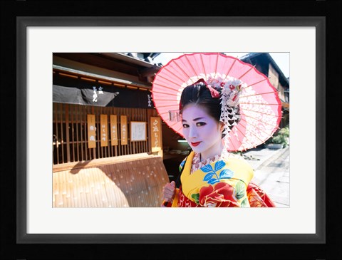 Framed Geishadressed in a kimono, Kyoto, Honshu, Japan Print