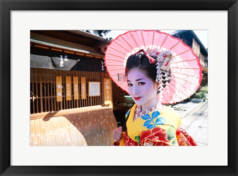 Framed Geishadressed in a kimono, Kyoto, Honshu, Japan Print