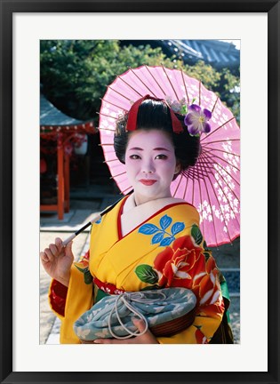 Framed Geisha with Pink Umbrella Print